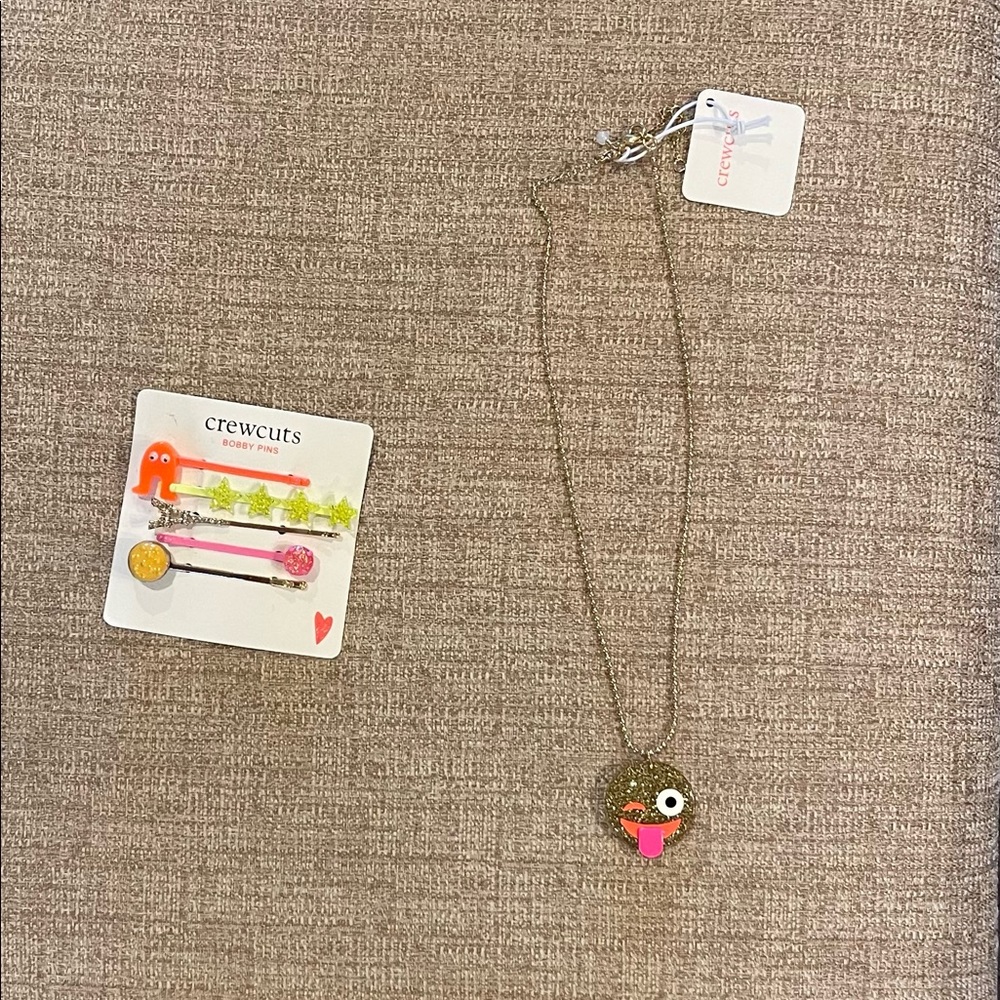 Crewcuts Kids Emoji Necklace and hair Bobby pins